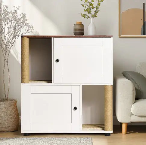 Double Cat Litter Box Enclouse,Cat Litter Box Enclosure For 2 Cats, Cat Litter Cabinet, Double Litter Box Enclosure With Shelve, Fit Most Of Litter Box, White Vintage